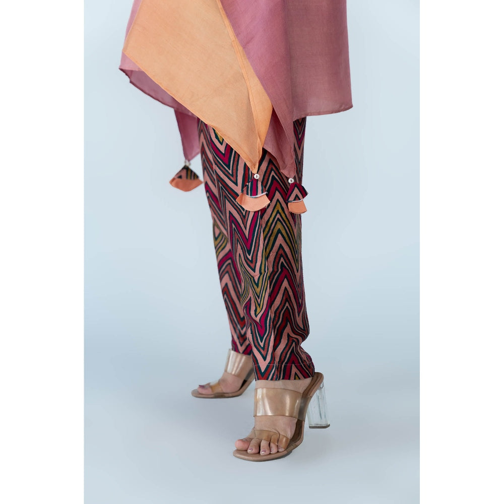 Meghna Panchmatia Peach Mauve Ombre Kaftan Top with Zigzag Pants (Set of 2)
