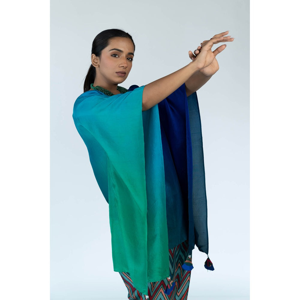 Meghna Panchmatia Blue Ombre Kaftan Top with Zigzag Pants (Set of 2)