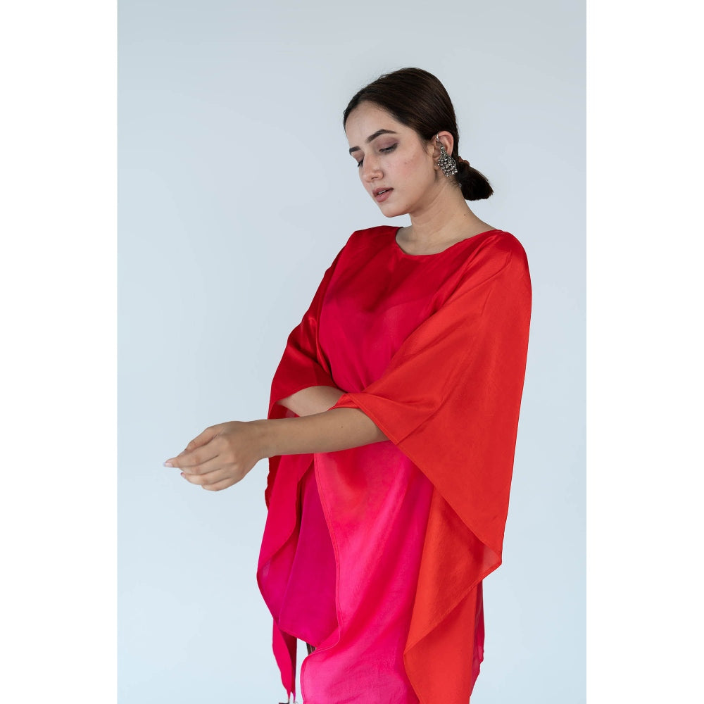 Meghna Panchmatia Fuschia Red Ombre Kaftan Top with Zigzag Pants (Set of 2)