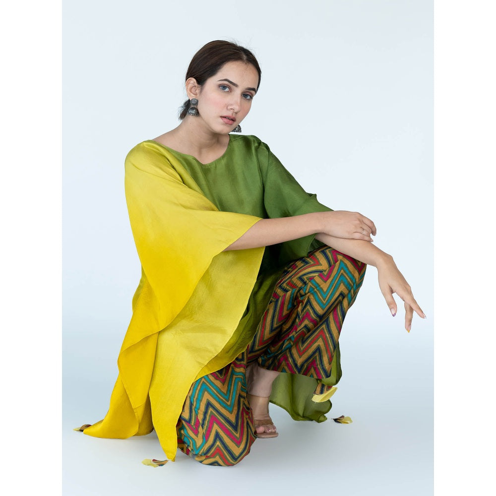 Meghna Panchmatia Sage Mustard Ombre Kaftan Top with Zigzag Pants (Set of 2)