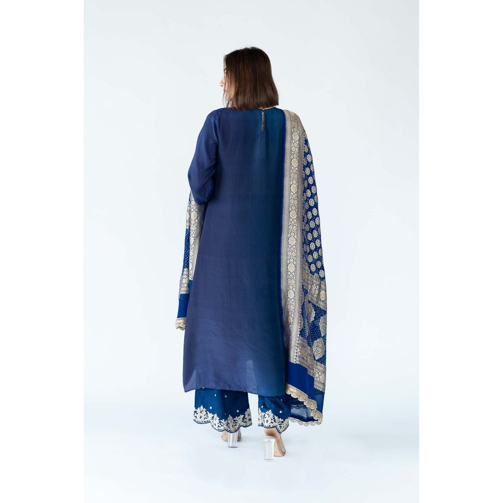 Meghna Panchmatia Royal Blue Ombre Kurta with Bandhej Dupatta (Set of 2)