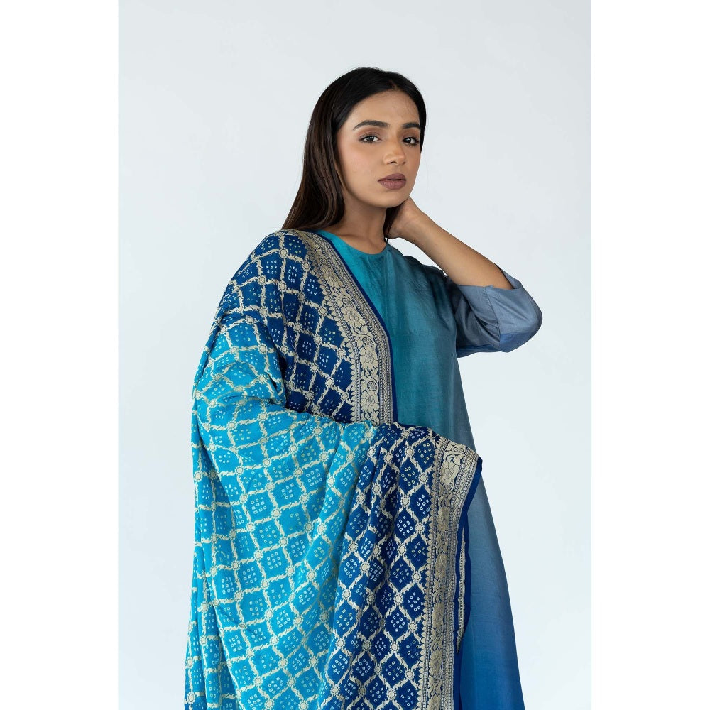 Meghna Panchmatia Blue Ombre Kurta with Bandhej Dupatta (Set of 2)