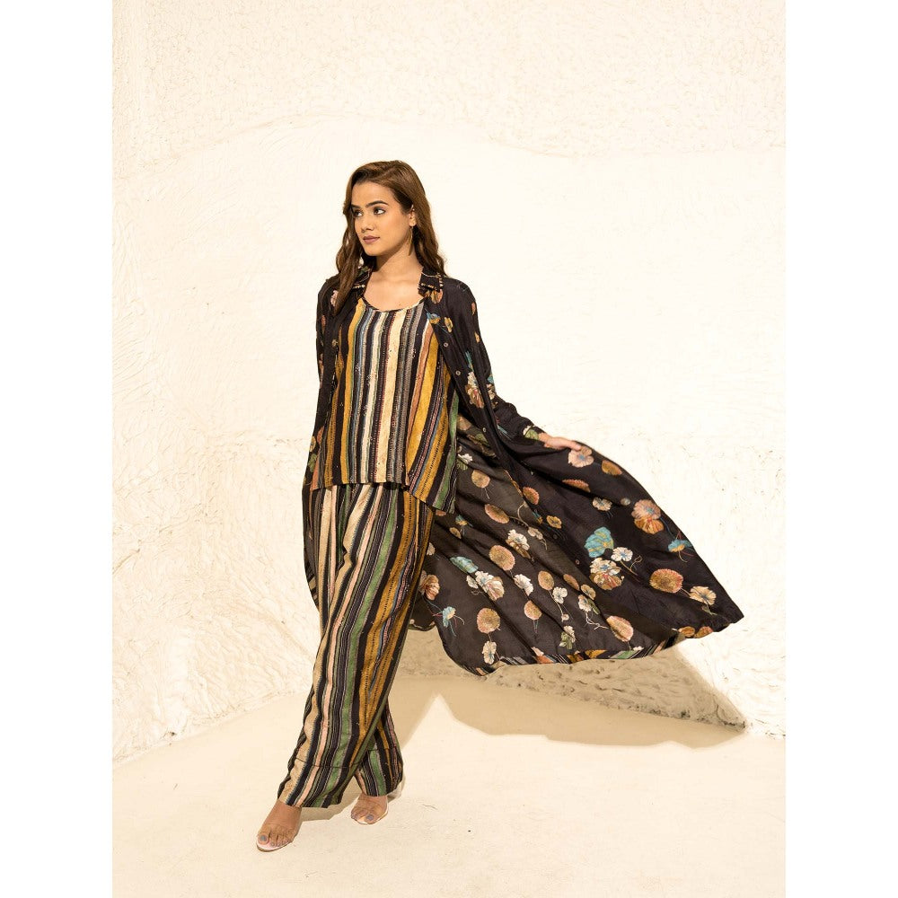 Meghna Panchmatia Black Floral Art Jacket with Top and Pant (Set of 3)