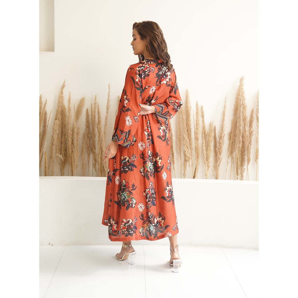 Meghna Panchmatia Orange Floral Jacket with Dress (Set of 2)