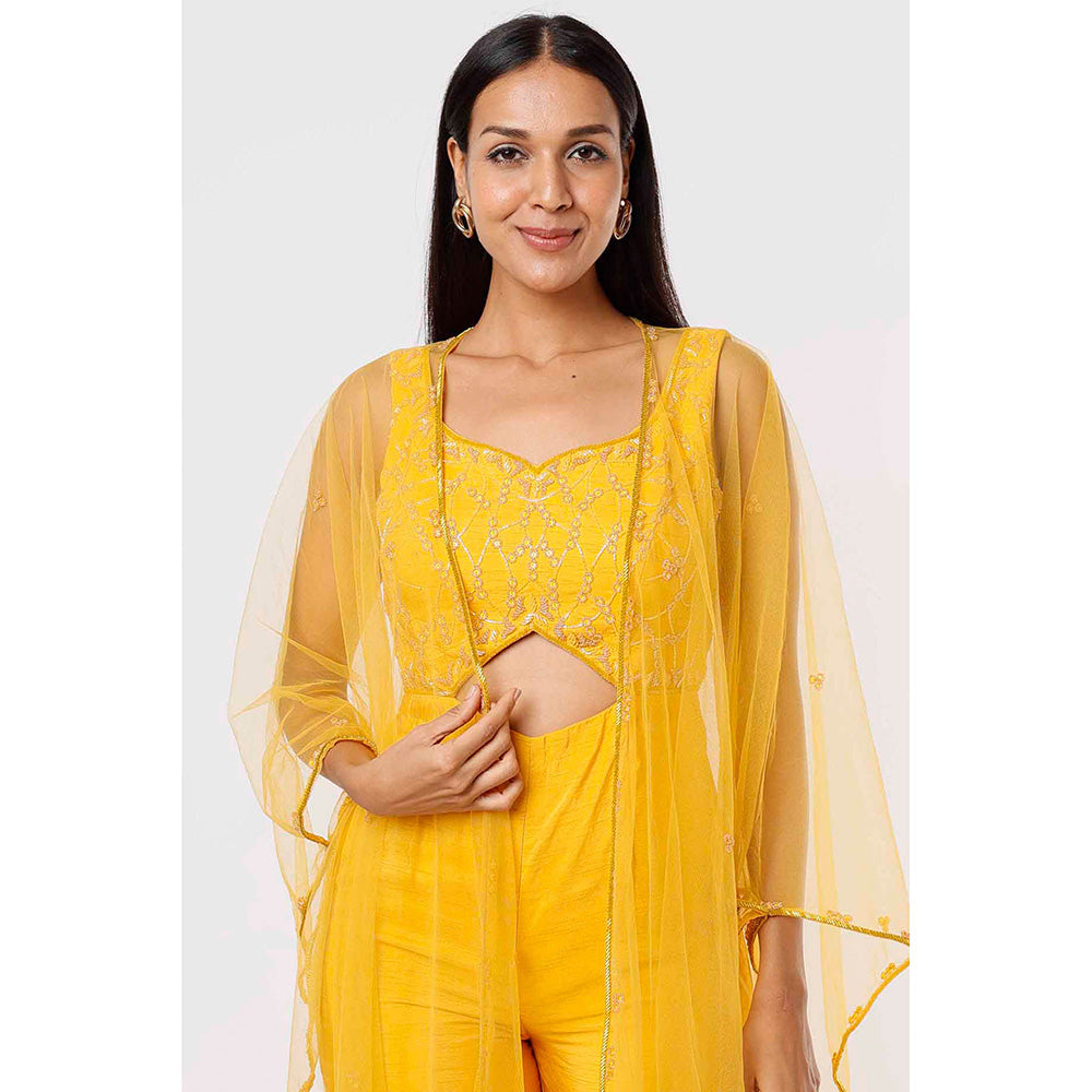 MEHAK MURPANA Yellow Embroidered Jumpsuit with Cape (Set of 2)