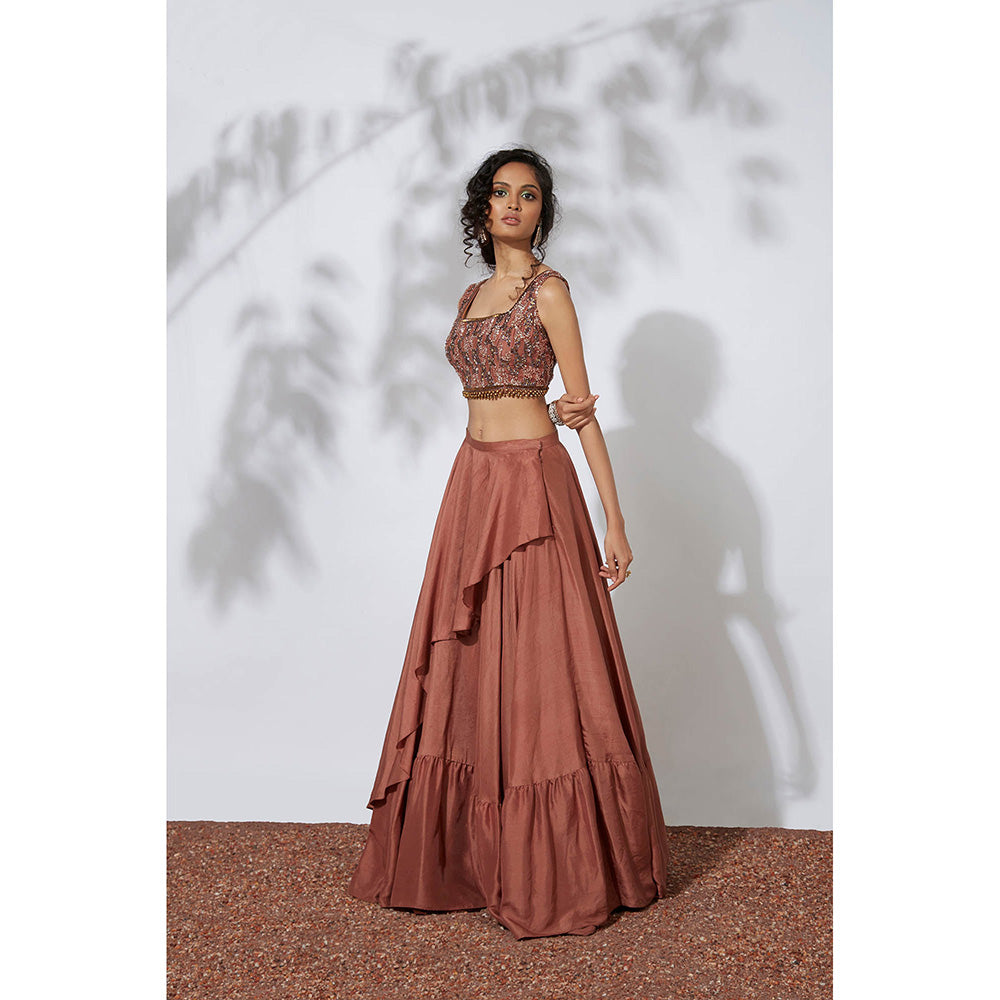 MEHAK MURPANA Burnt Orange Lehenga with Embroidered Blouse (Set of 2)