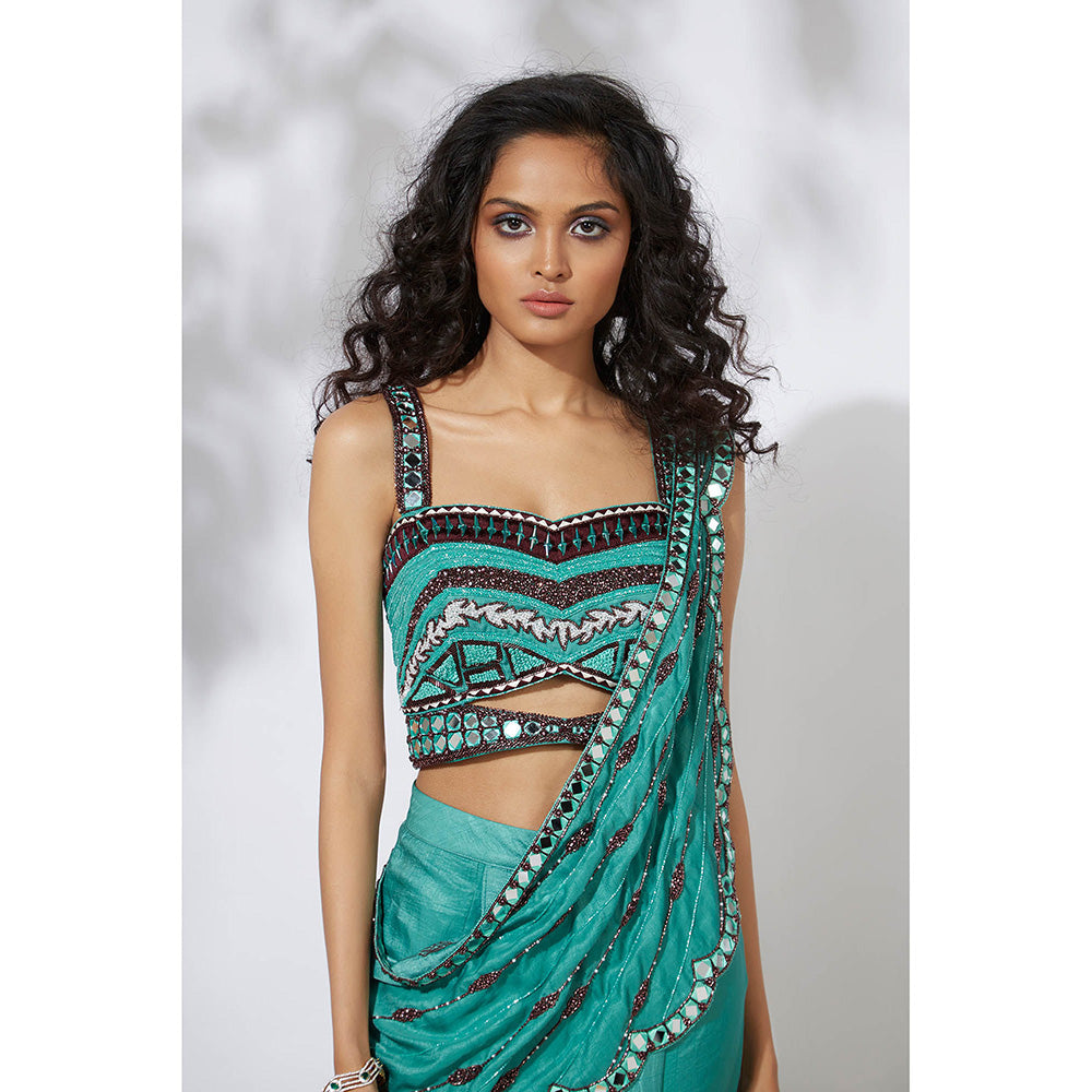 MEHAK MURPANA Aqua Blue Dhoti Pants Sari with Embroidered Choli and Dupatta (Set of 3)