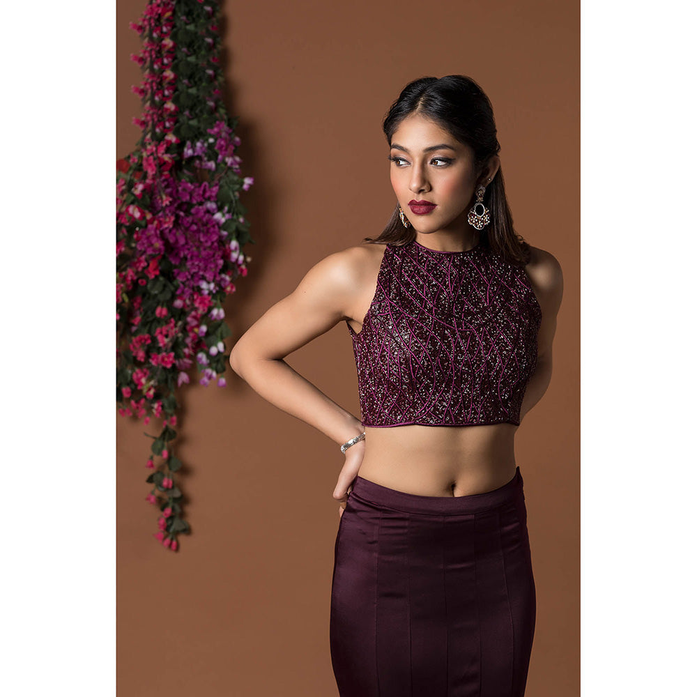 MEHAK MURPANA Wine Crop Top with Ruffle Skirt (Set of 2)