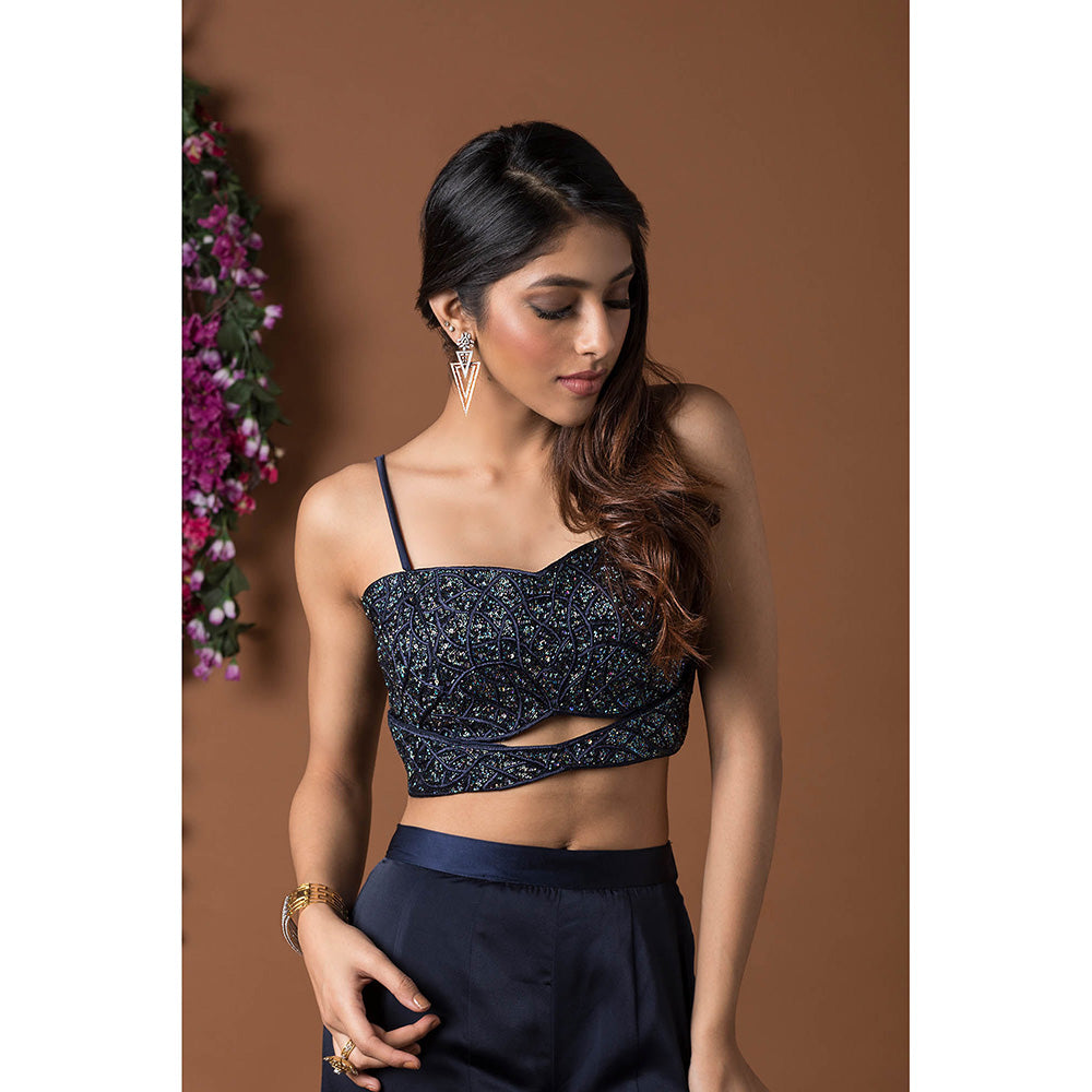 MEHAK MURPANA Navy Blue Crop Top with Ruffle Sharara (Set of 2)