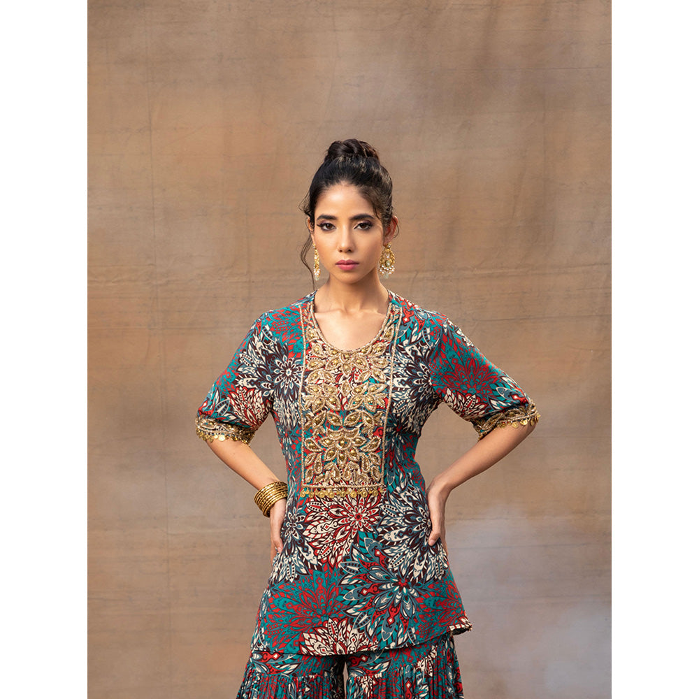 MEHAK MURPANA Green Printed Embroidered Short Kurta with Sharara (Set of 2)