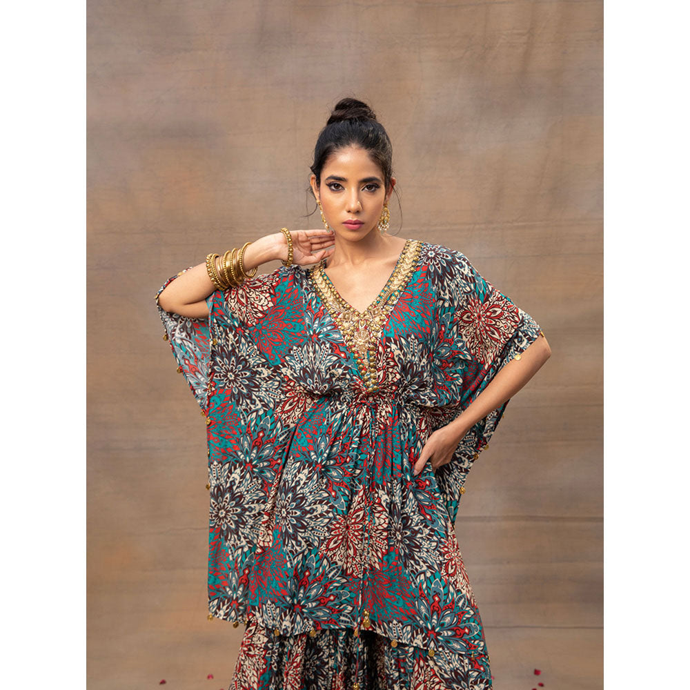 MEHAK MURPANA Green Printed Embroidered Kaftan Top with Sharara (Set of 2)