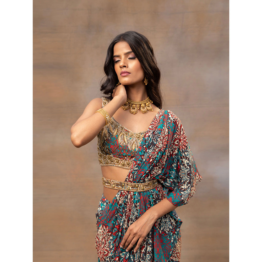 MEHAK MURPANA Green Printed Embroidered Ruffle Saree with Stitched Blouse and Belt