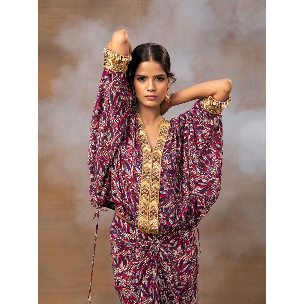 MEHAK MURPANA Purple Printed Embroidered Batwing Top with Draped Skirt (Set of 2)