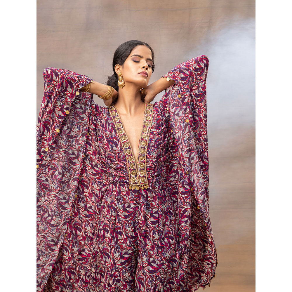 MEHAK MURPANA Purple Printed Embroidered Kaftan Jumpsuit