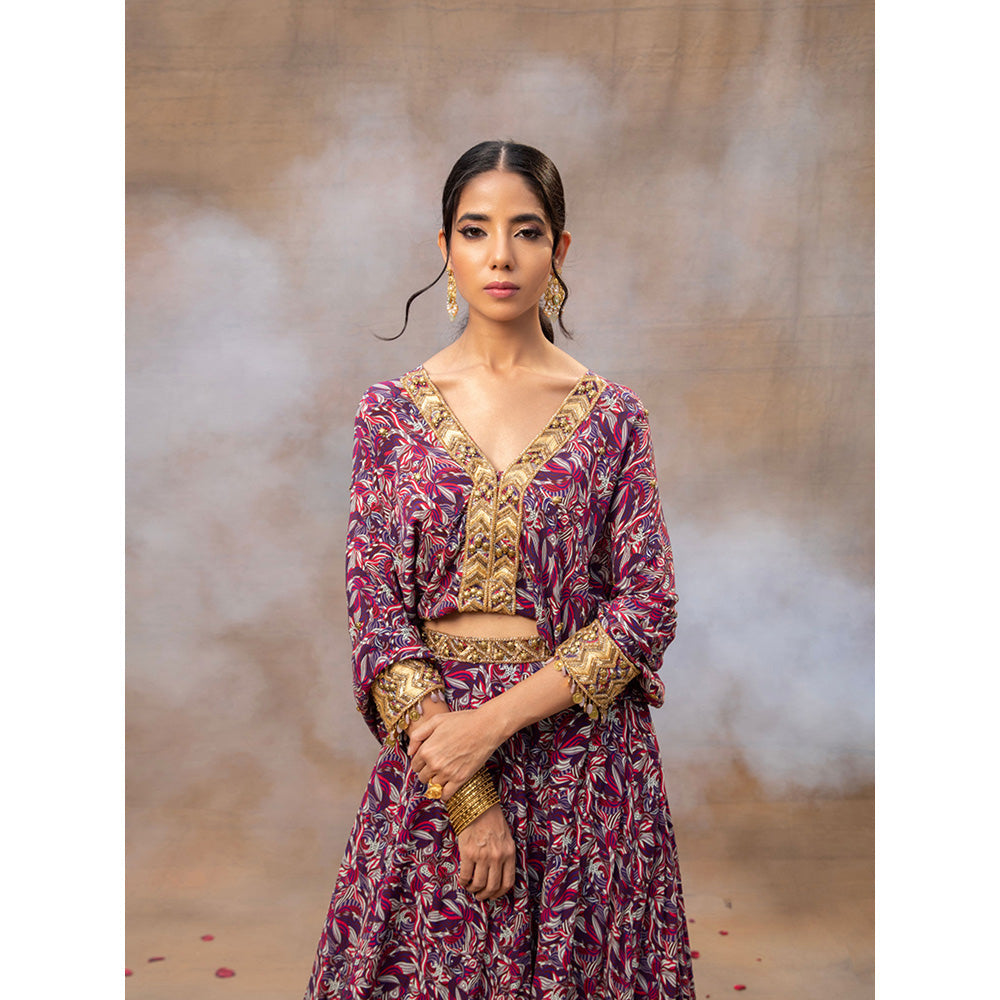 MEHAK MURPANA Purple Printed Embroidered Batwing Sleeves Top with Lehenga (Set of 2)
