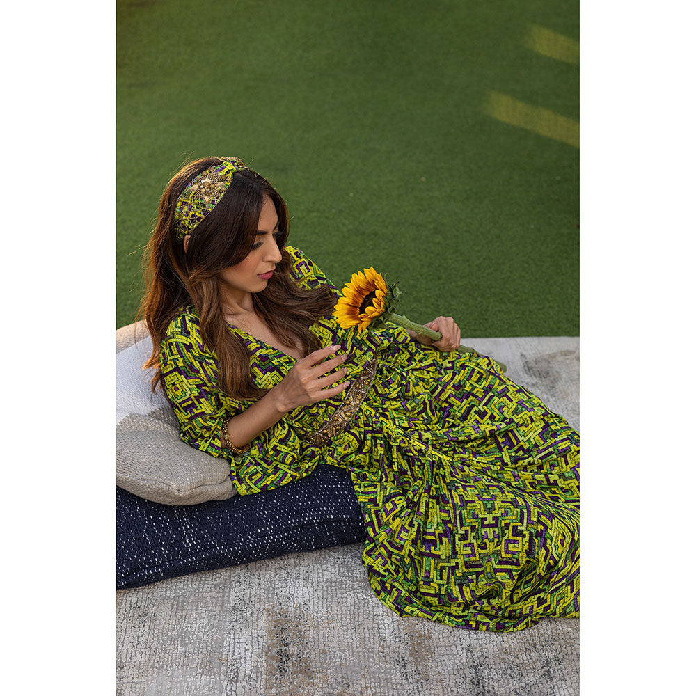 MEHAK MURPANA Green Draped Dress with Embroidered Belt (Set of 2)