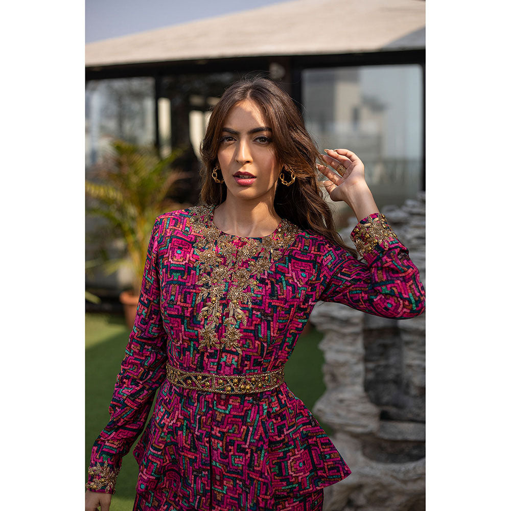 MEHAK MURPANA Pink Peplum Top with Sharara and Embroidered Belt (Set of 3)