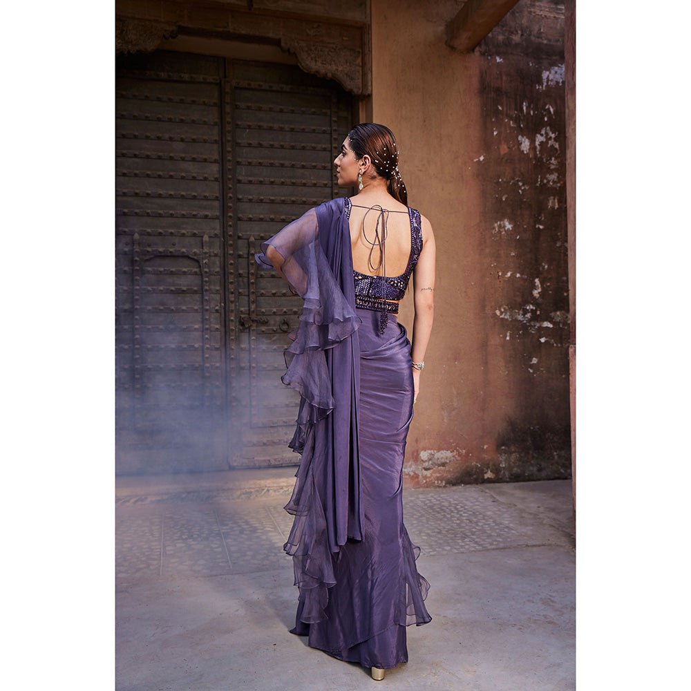 MEHAK MURPANA Amethyst Purple Ruffle Saree with Stitched Blouse and Belt