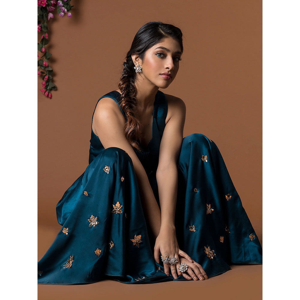 MEHAK MURPANA Teal Embroidered Jumpsuit