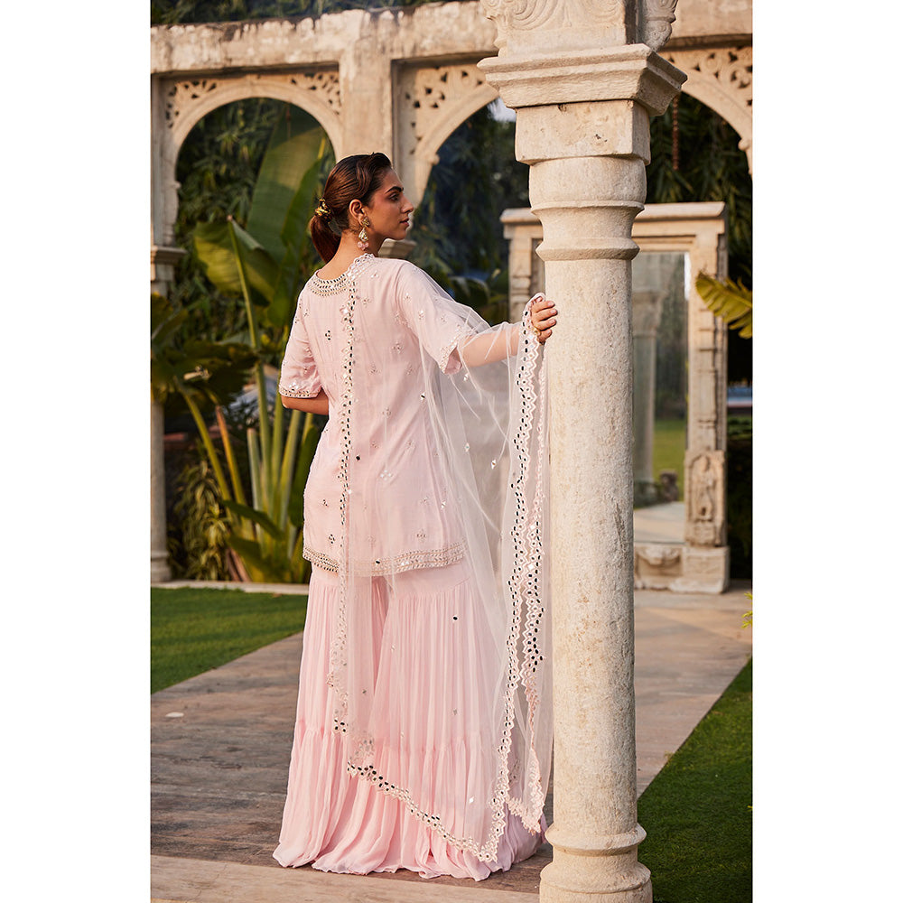 MEHAK MURPANA Baby Pink Mirror Embroidered Short Kurta Sharara and Dupatta (Set of 3)