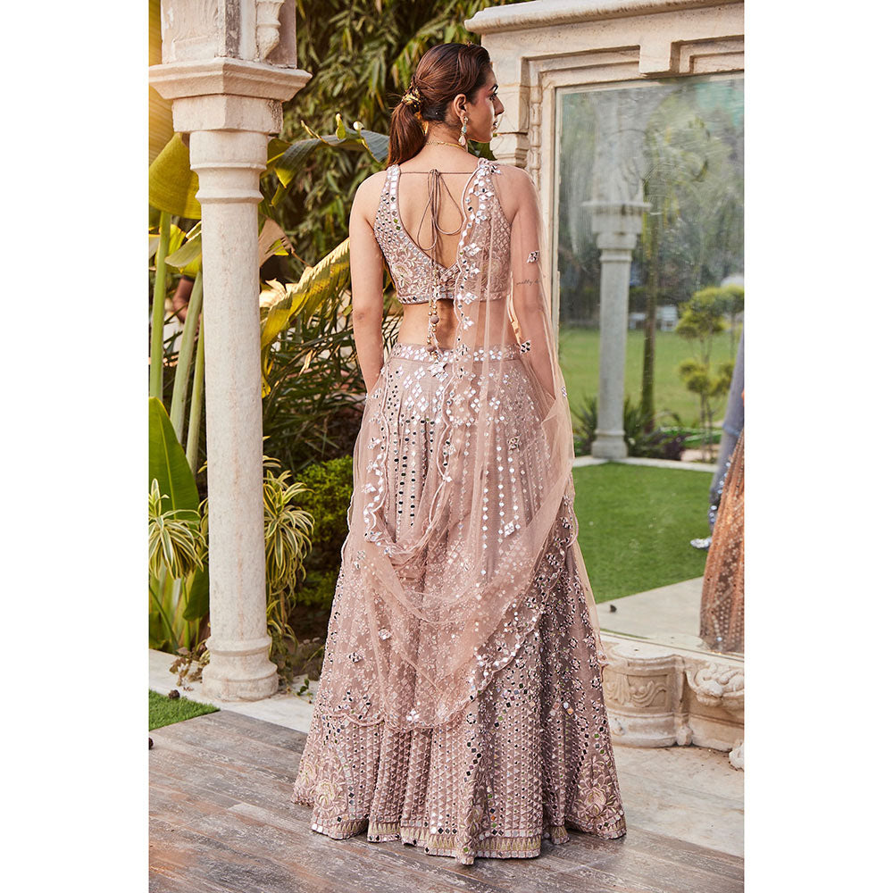 MEHAK MURPANA Coffee Mirror Embroidered Kurta Lehenga and Dupatta (Set of 3)