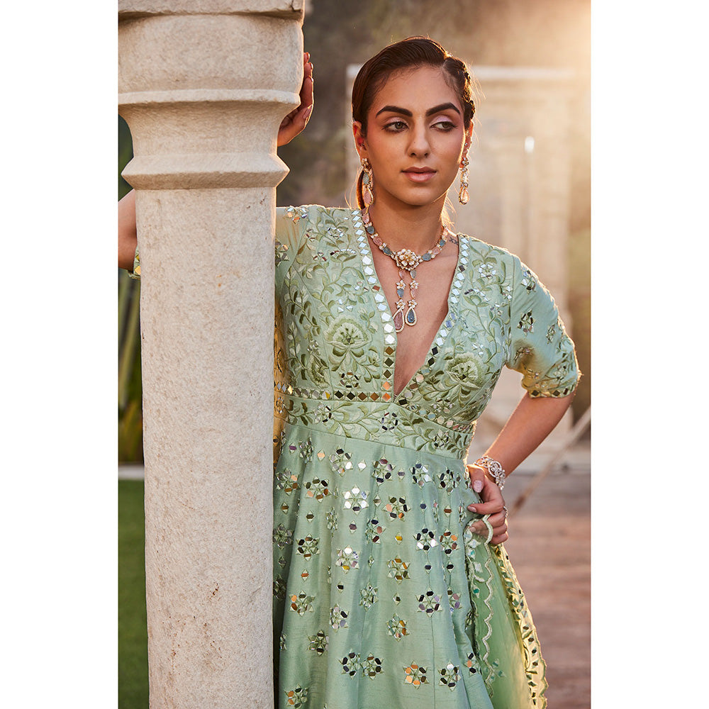 MEHAK MURPANA Sea Green Mirror Embroidered Anarkali (Set of 2)