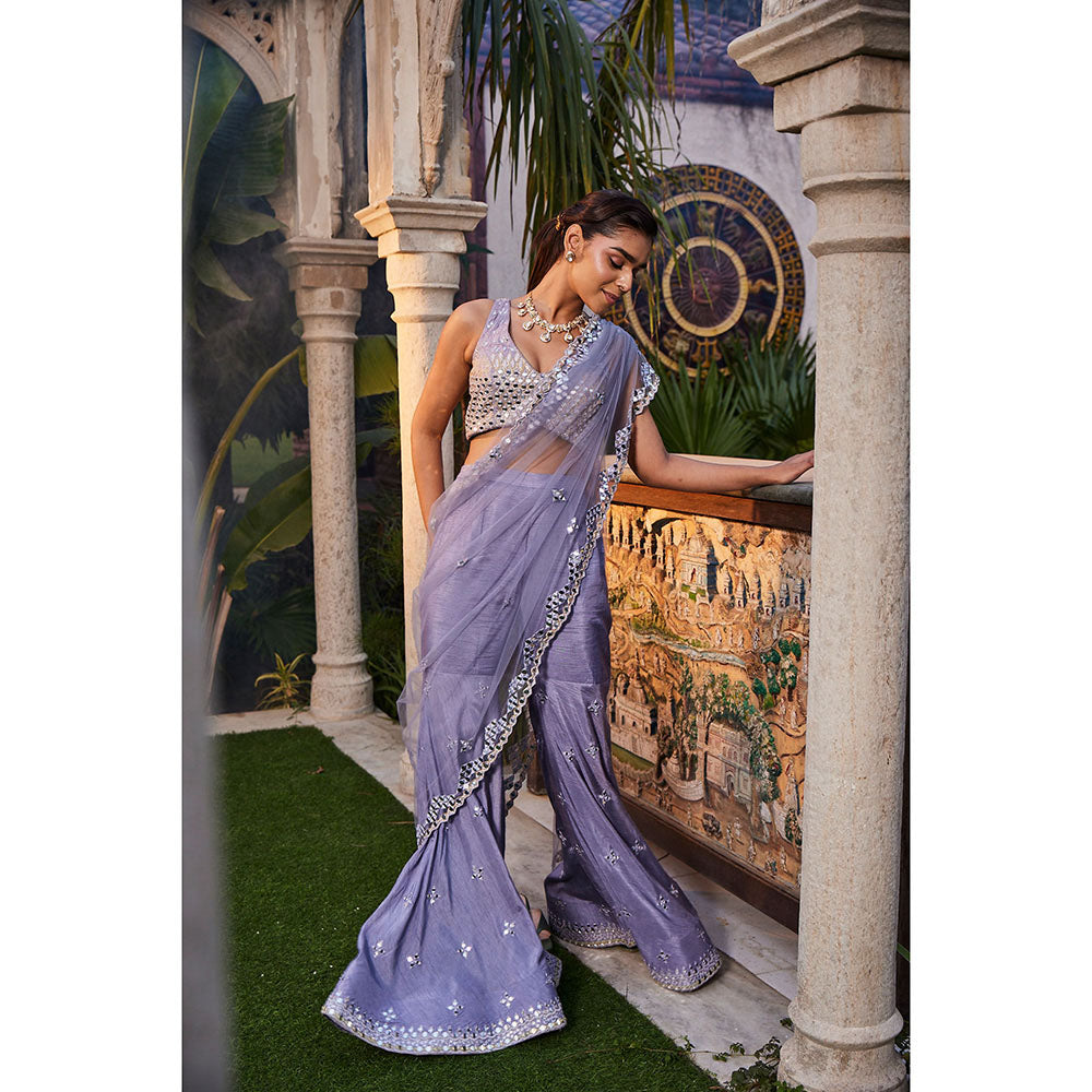 MEHAK MURPANA Lilac Mirror Embroidered Sharara Pant Sari (Set of 3)