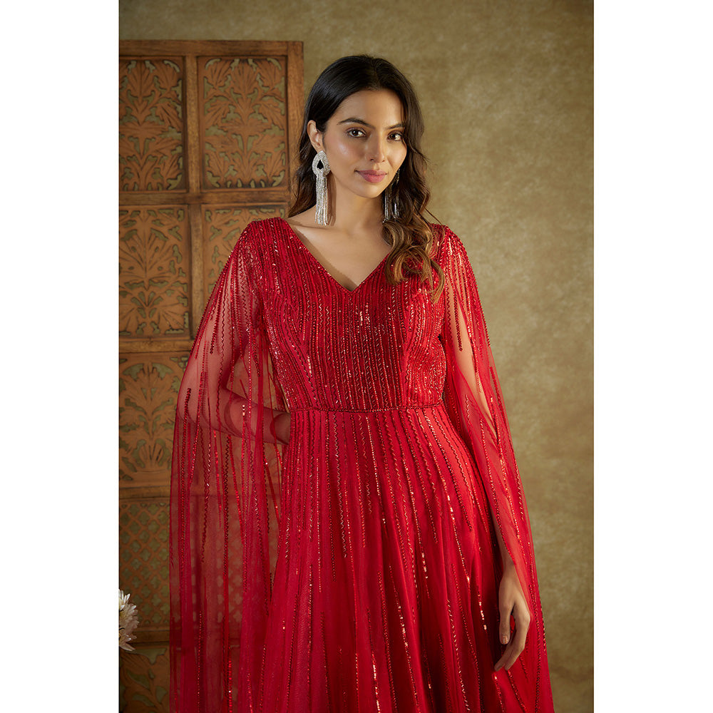 MEHAK MURPANA Red Embroidered Cocktail Gown with Cape Sleeves
