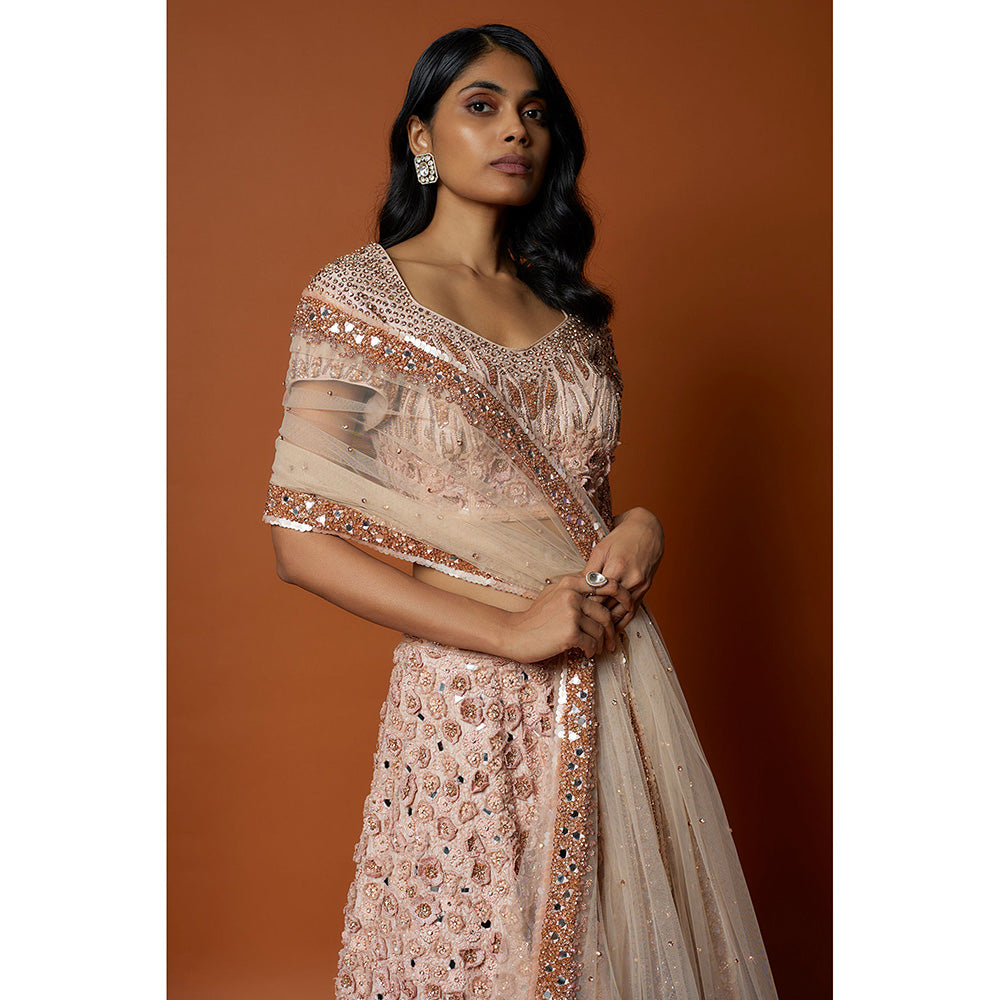 MEHAK MURPANA Pink Embroidered Lehenga with Stitched Blouse And Dupatta (Set of 3)