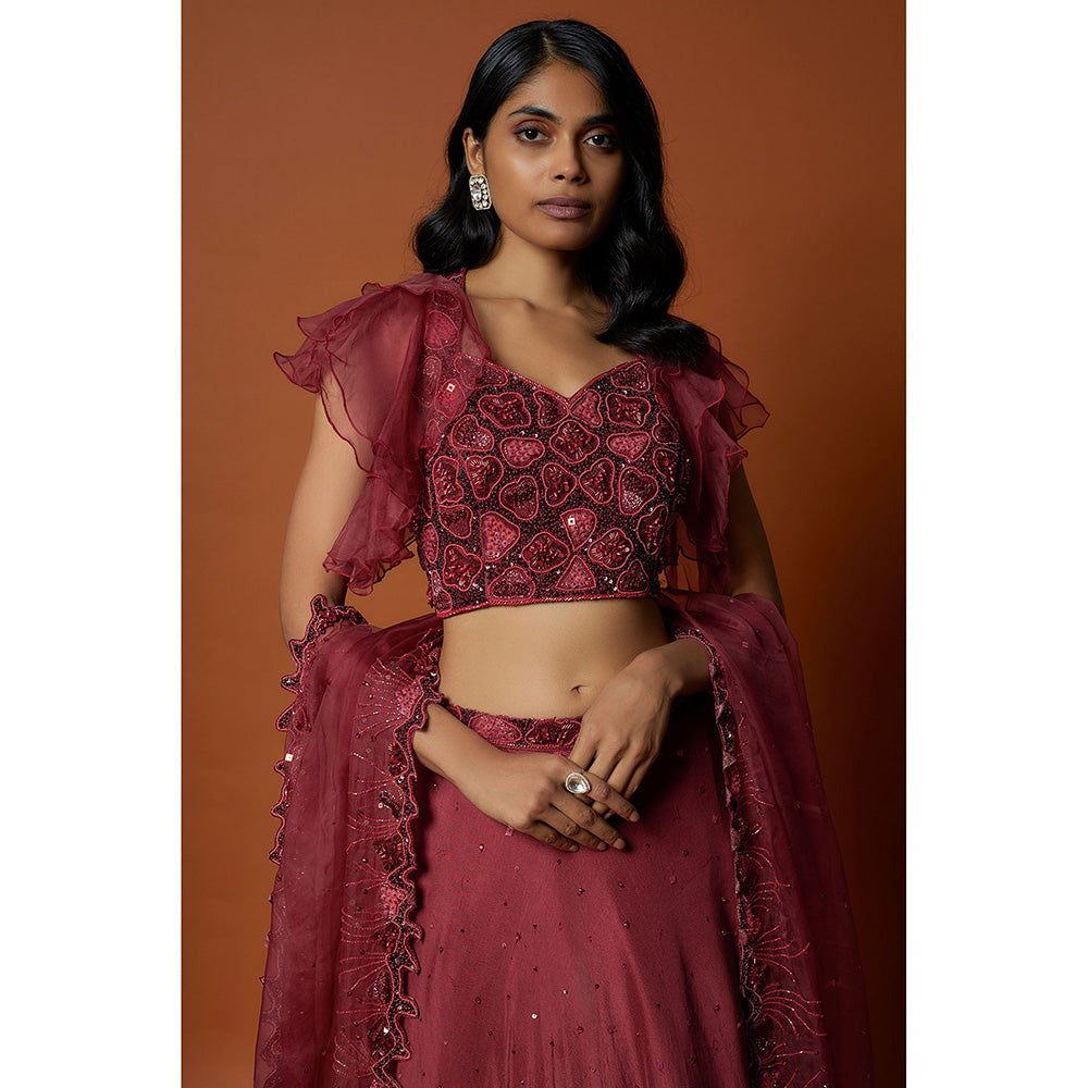 MEHAK MURPANA Red Embroidered Lehenga with Stitched Blouse And Dupatta (Set of 3)