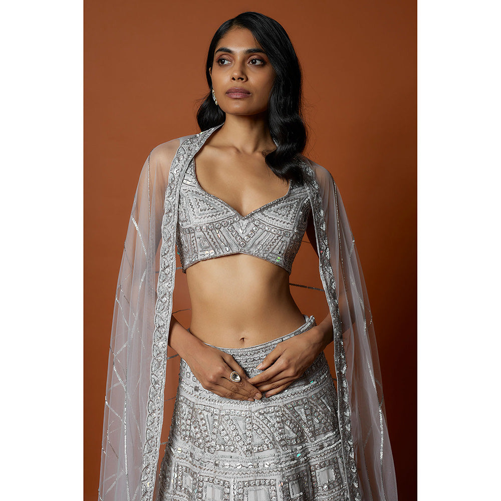 MEHAK MURPANA Silver Embroidered Lehenga with Stitched Blouse And Dupatta (Set of 3)