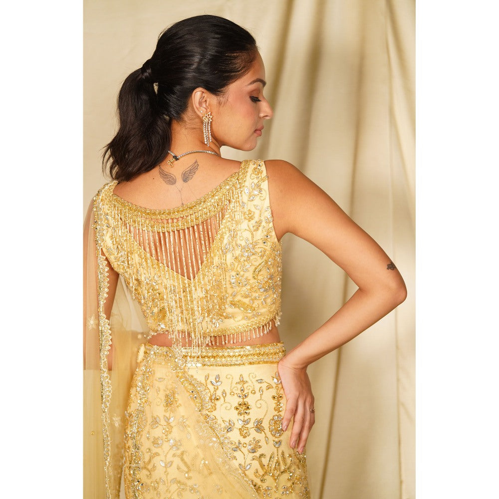 MEHAK MURPANA Gold Embroidered Fish Cut Lehenga with Blouse and Dupatta (Set of 3)