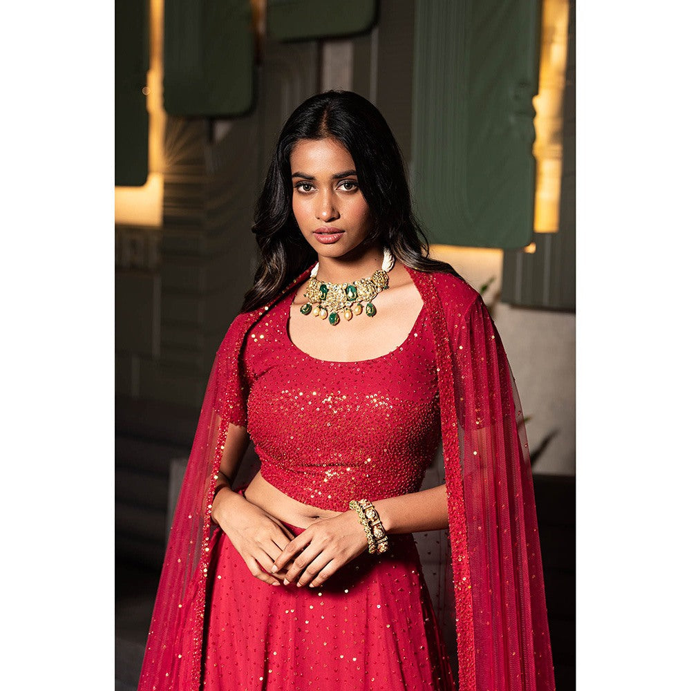 Midushi Bajoria Maroon Georgette Lehenga with Hand Embroidery Blouse & Dupatta (Set of 3)