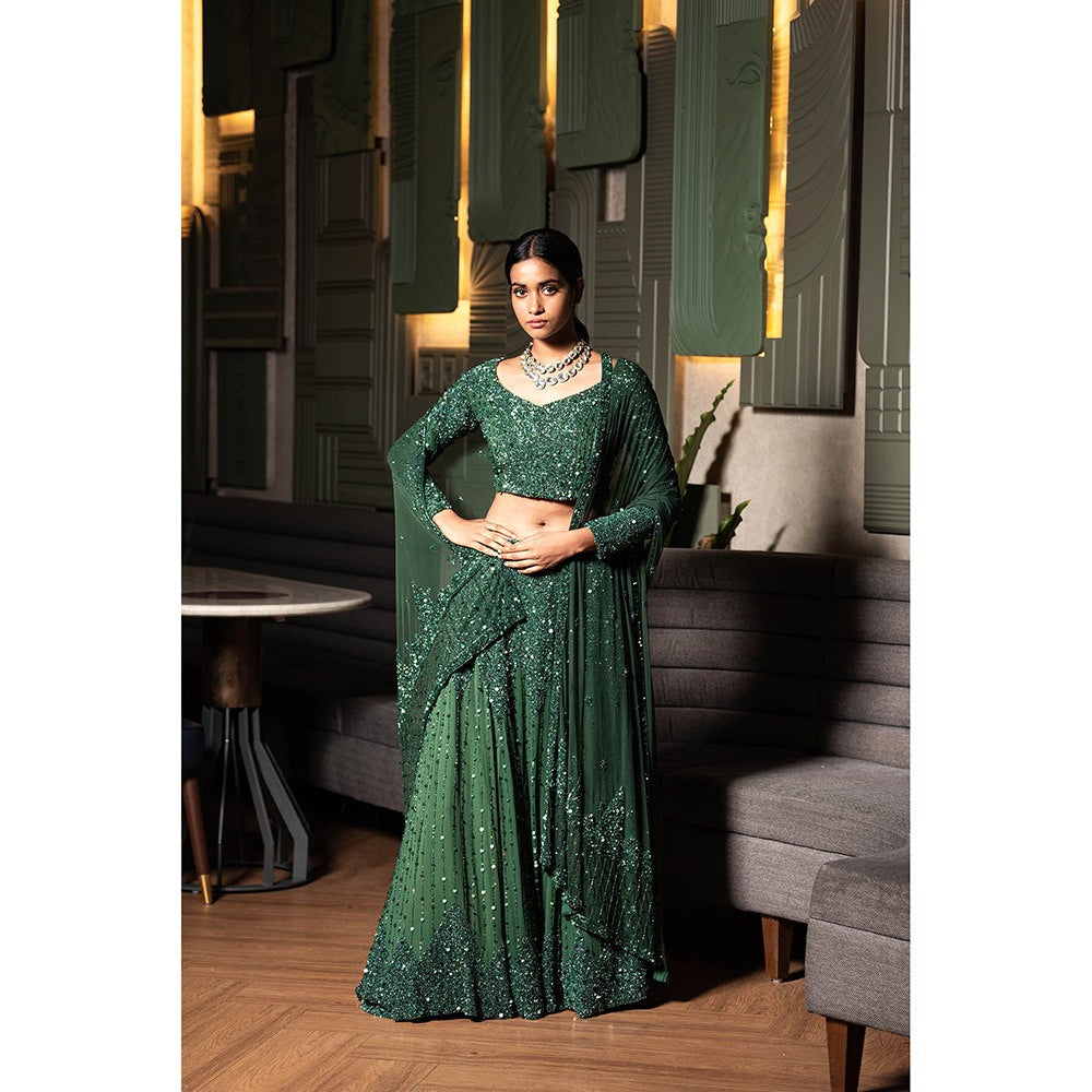 Midushi Bajoria Green Georgette Lehenga with Hand Embroidery Blouse & Dupatta (Set of 3)