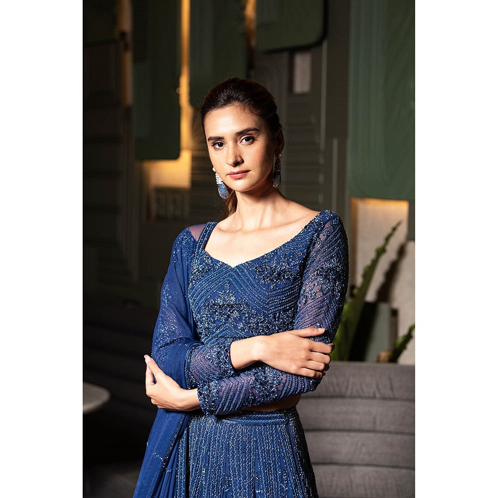 Midushi Bajoria Navy Blue Heavy Tulle Lehenga with Hand Embroidery Blouse & Dupatta (Set of 3)