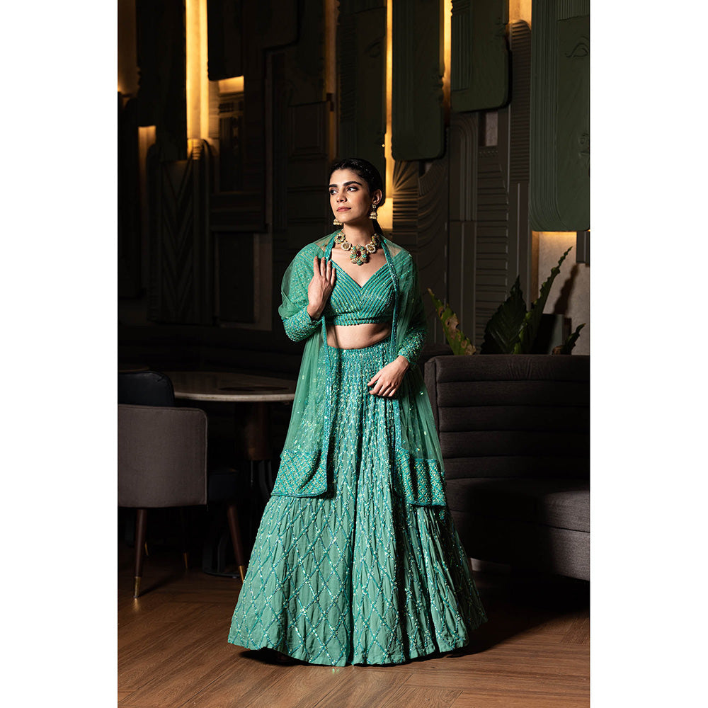 Midushi Bajoria Green Heavy Georgette Lehenga with Hand Embroidery Blouse & Dupatta (Set of 3)
