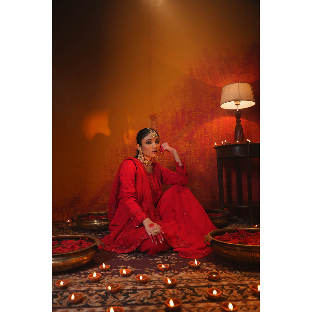 Midushi Bajoria Red Aalta Sharara with Kurti & Dupatta (Set of 3)