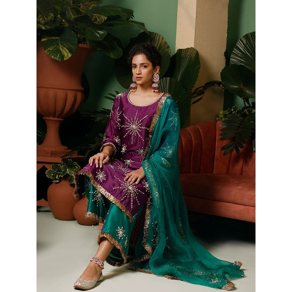 Midushi Bajoria Organza Dupatta with Kiran Chanderi Palazzo & Kurta Embellished (Set of 3)