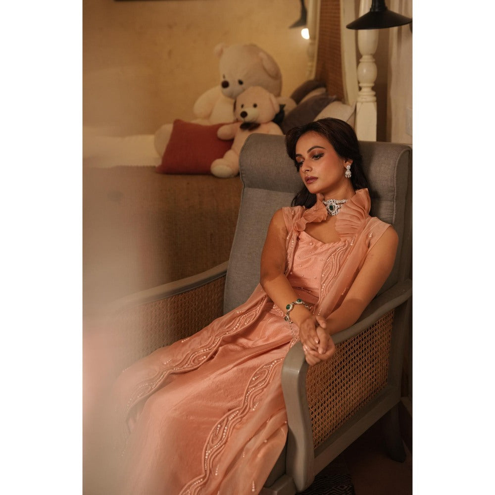 Midushi Bajoria Peach Tt Cape with Crop Top and Pant (Set of 3)