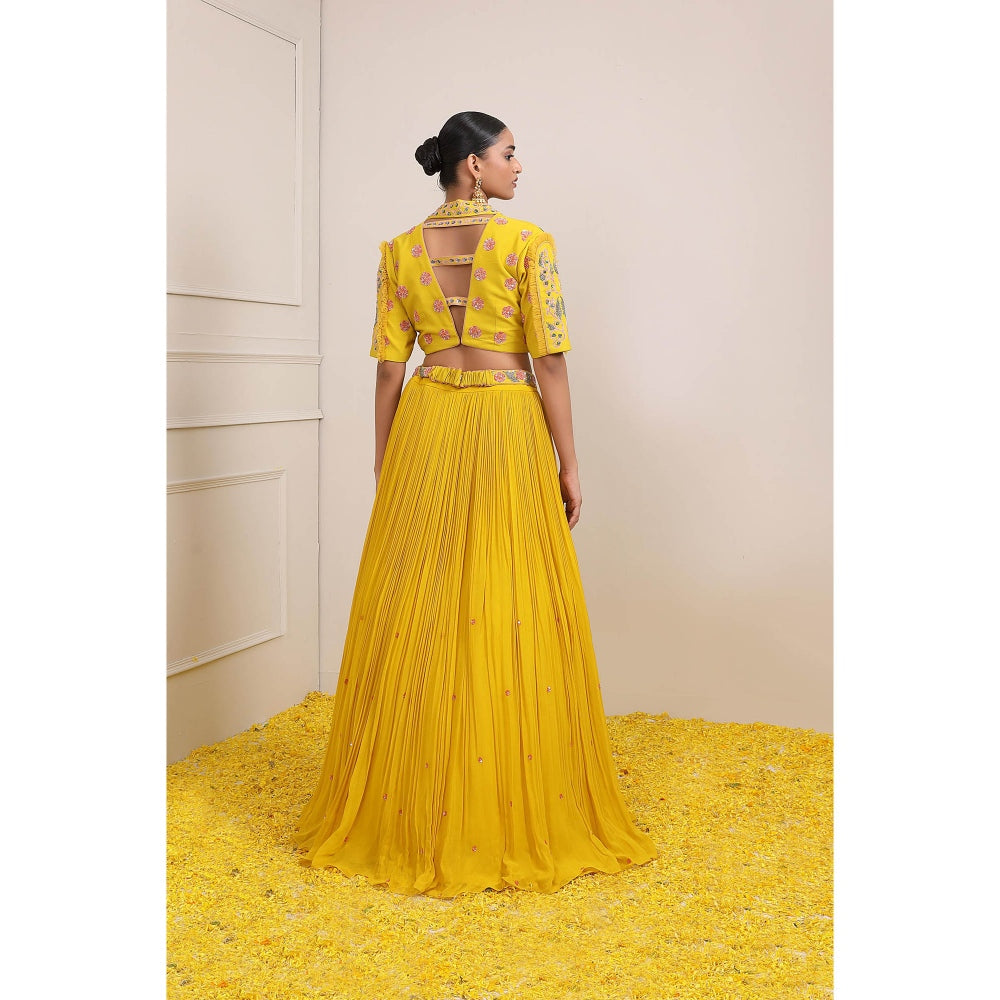 Miku Kumar Yellow Raha Skirt with Blouse, Dupatta, Belt and Pouch (Set of 5)