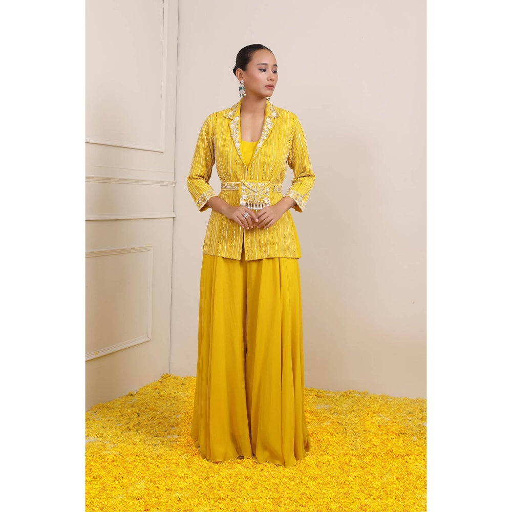 Miku Kumar Yellow Afra Bustier with Jacket, Palazzo, Belt and Pouch (Set of 5)