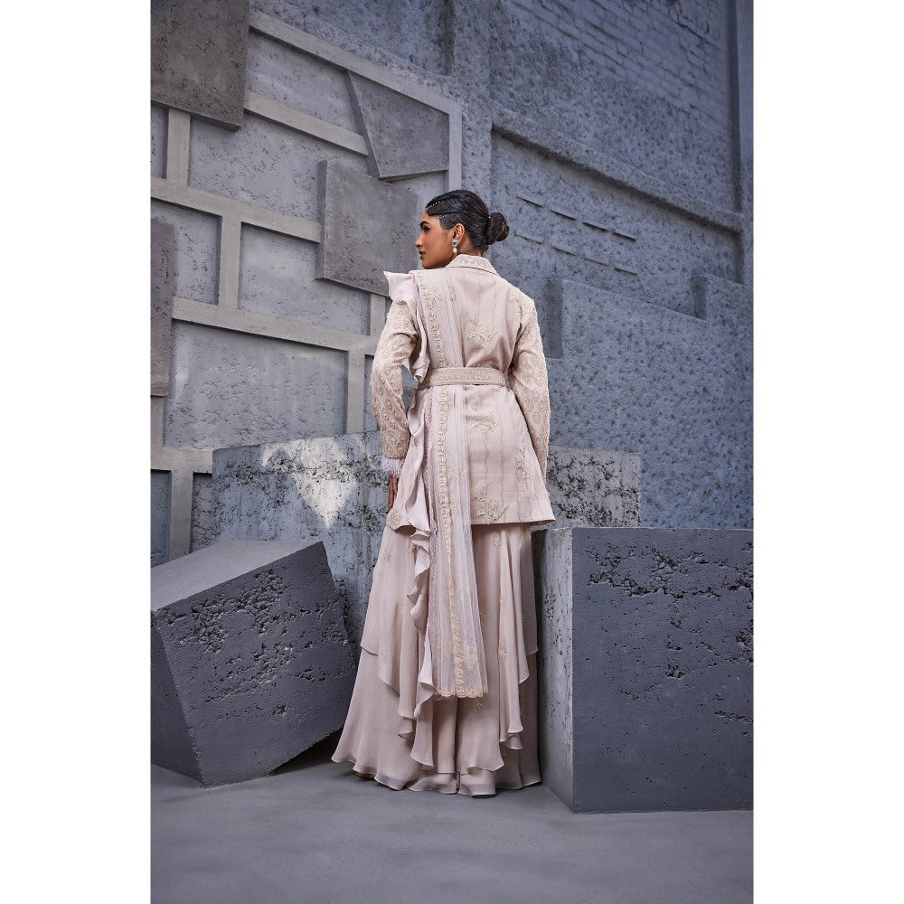 Miku Kumar Ivory Amyra Jacket with Inner, Sharara, Dupatta, Belt and Bag (Set of 6)