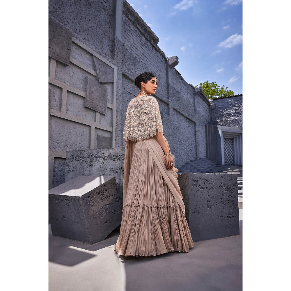 Miku Kumar Beige Laiba Drape Attached Lehenga with Blouse, Cape and Belt (Set of 4)