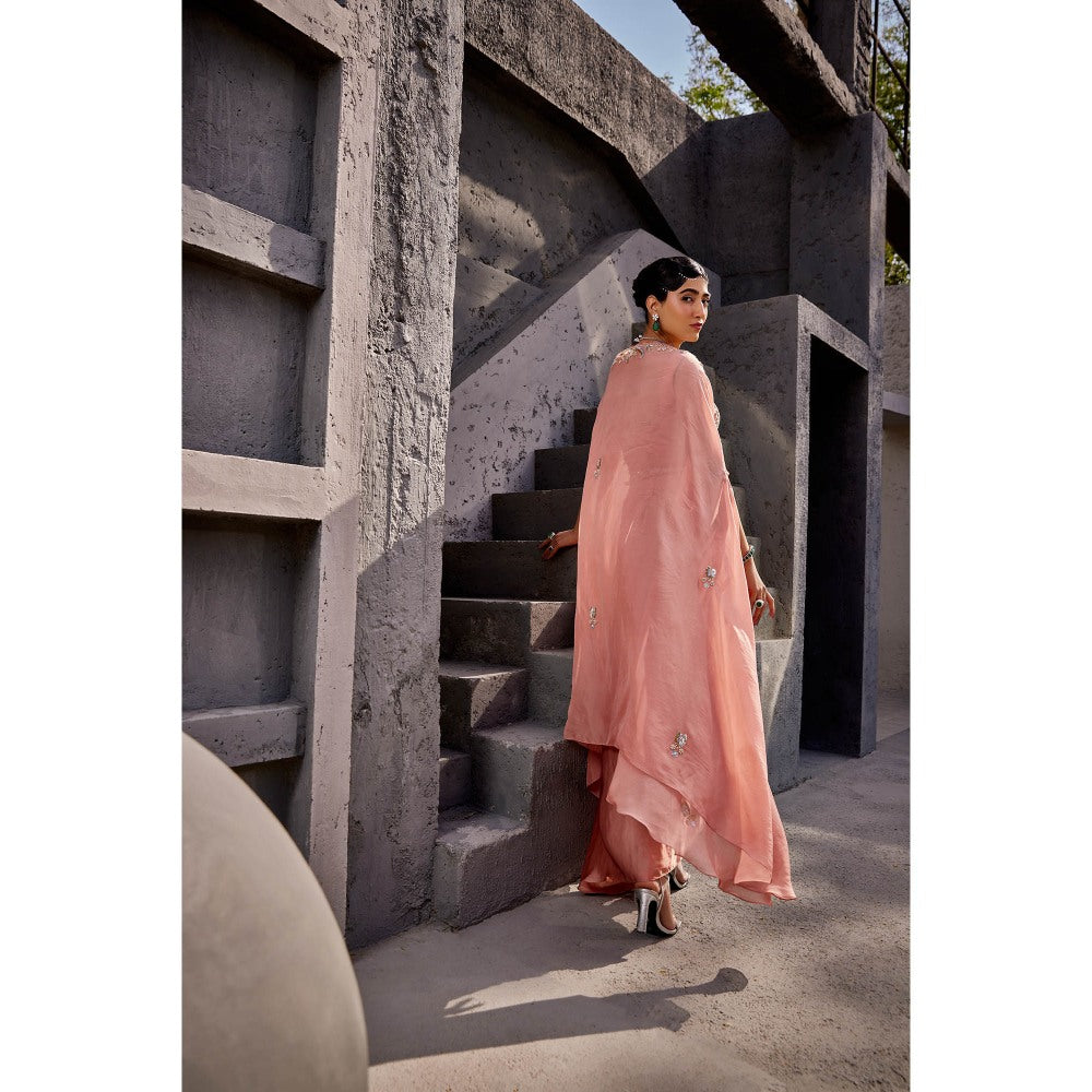 Miku Kumar Peach Aiyana Cape with Drape Skirt and Blouse (Set of 3)