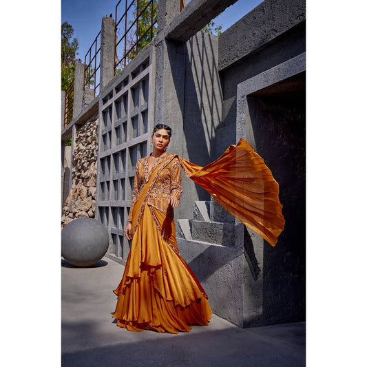 Miku Kumar Mustard Noori Pre-Drape Saree with Jacket