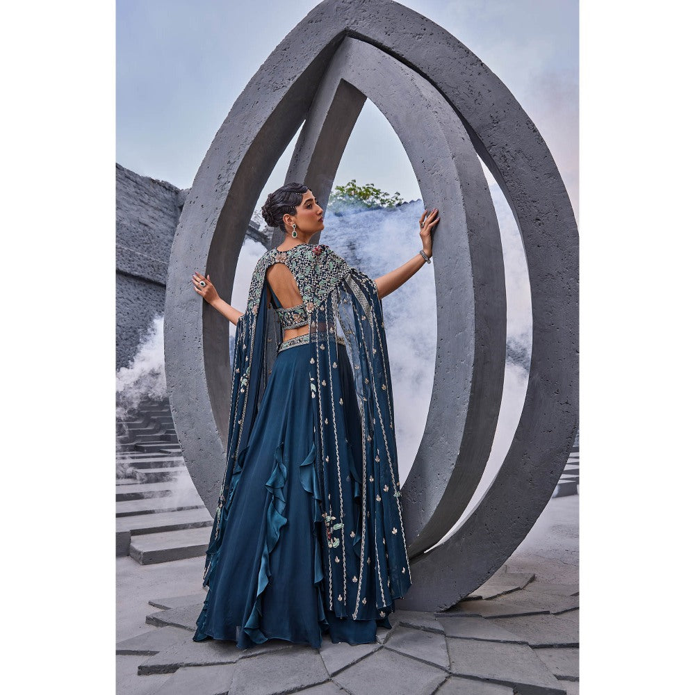 Miku Kumar Teal Feriha Drape Lehenga with Cape and Blouse (Set of 3)