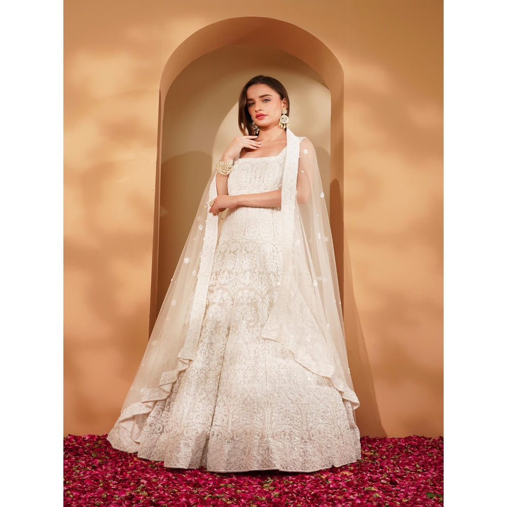 MILU MADAN White Double Net Heavy Beadwork Gown with Dupatta (Set of 2)