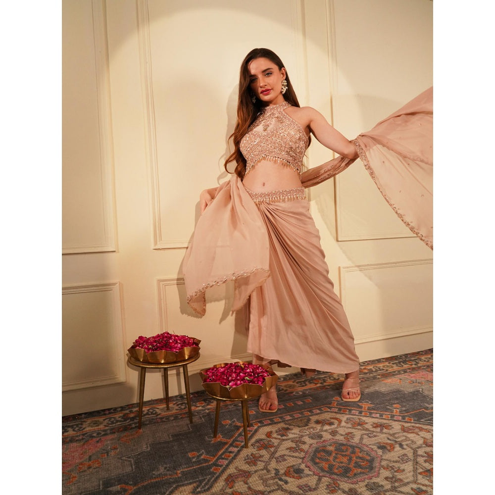 MILU MADAN Nude Crepe Drape Skirt with Blouse and Dupatta (Set of 3)