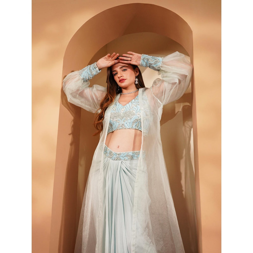MILU MADAN Powder Blue Crepe Drape Skirt with Blouse and Jacket (Set of 3)