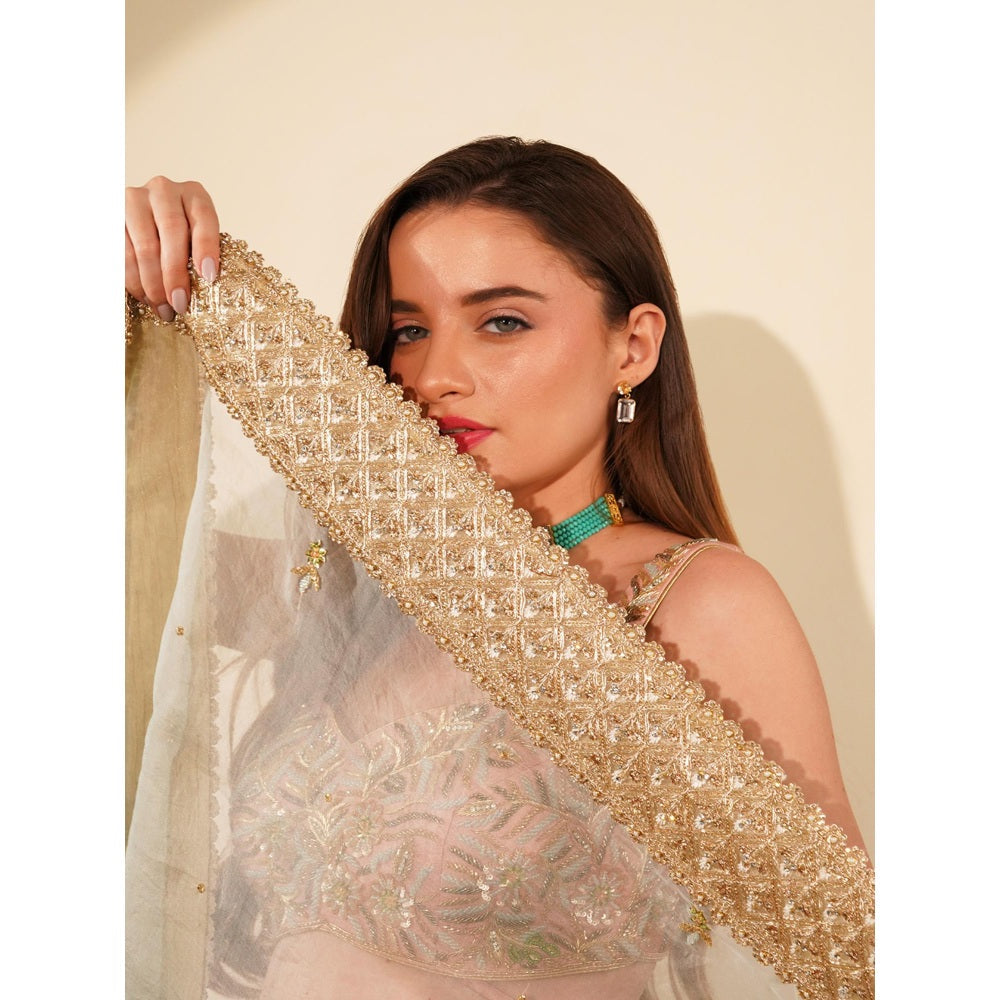 MILU MADAN Beige Printed Lehenga with Blouse and Dupatta (Set of 3)